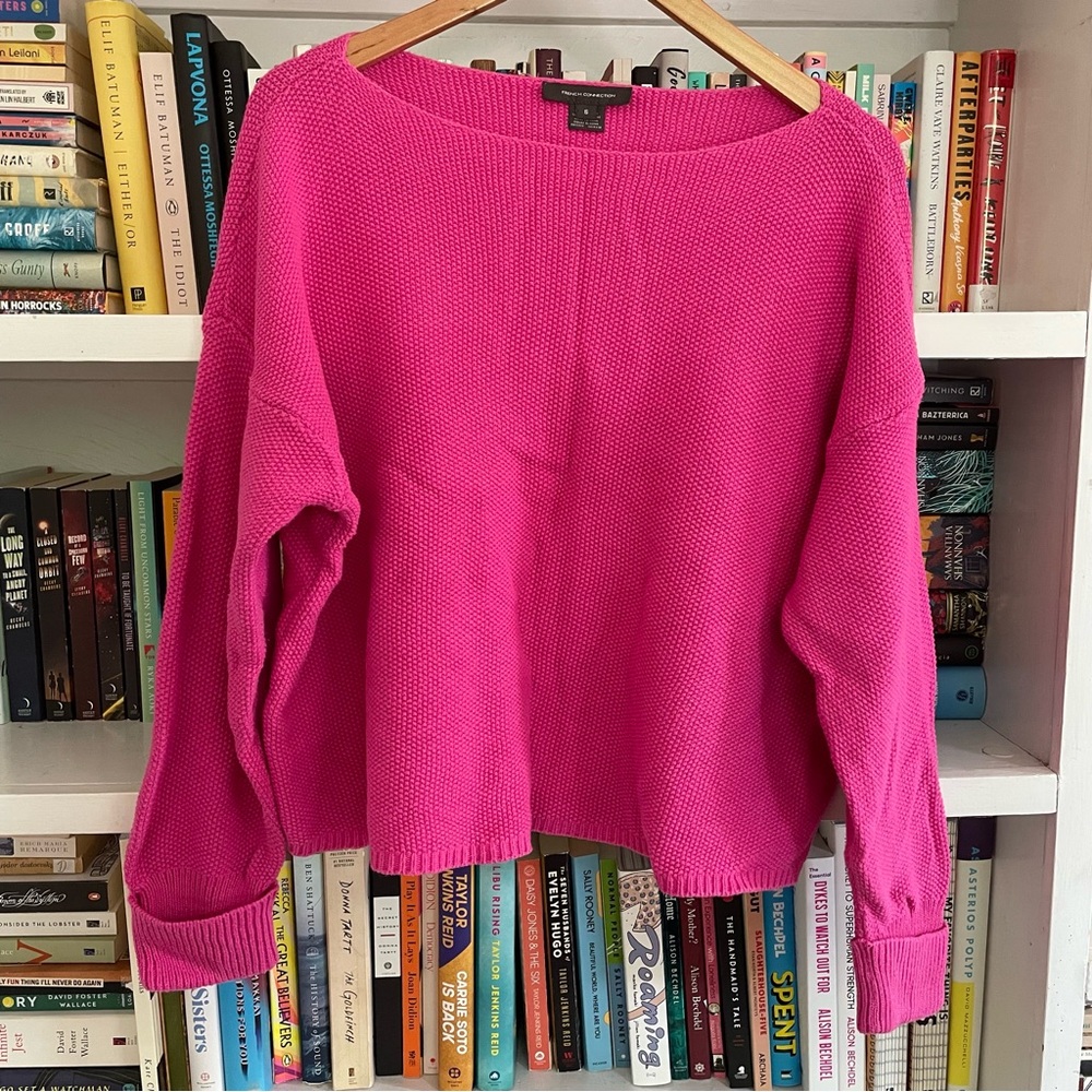 French Connection Cotton Boat Neck Sweater in Hot Pink